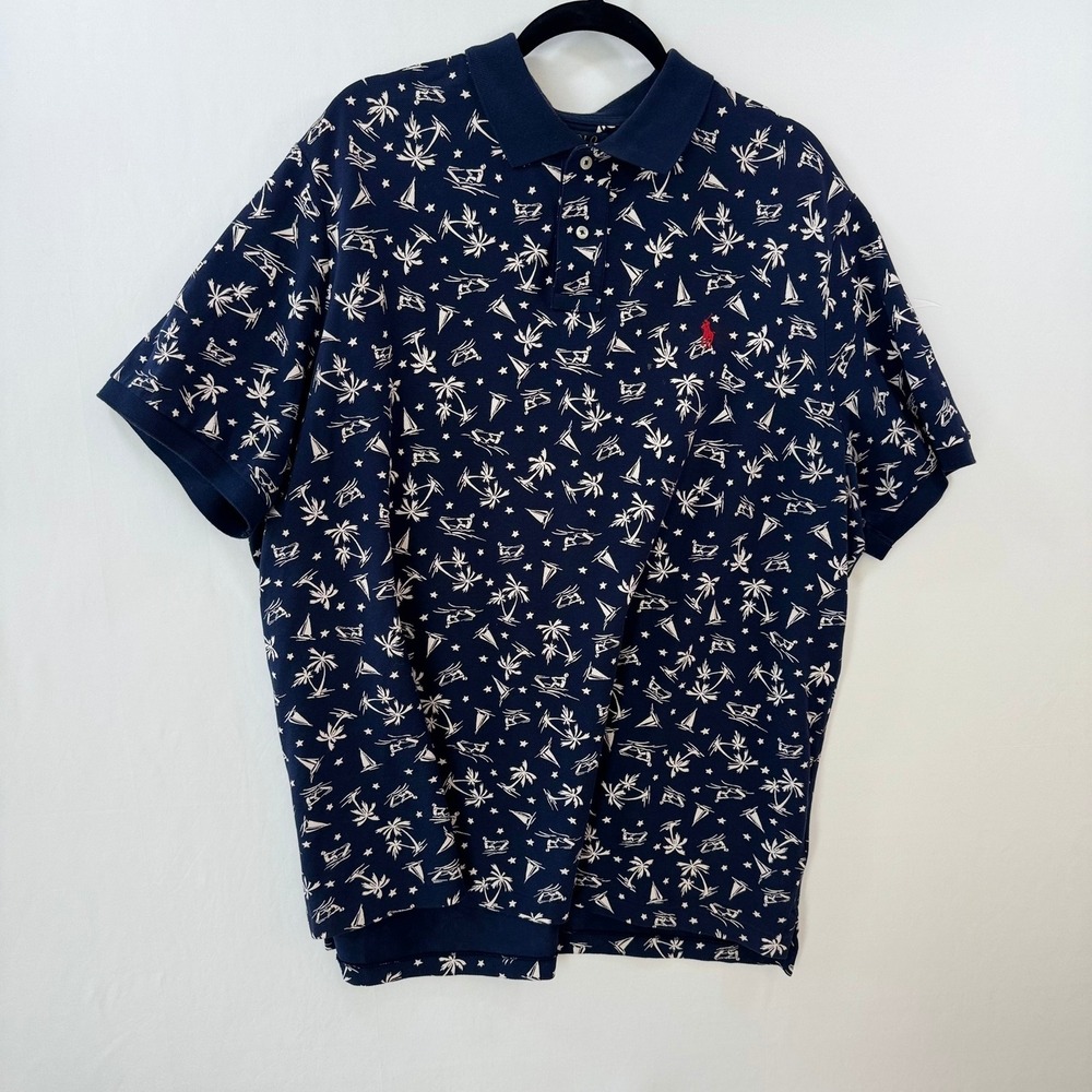 Polo Ralph Lauren Mens XXL Navy Blue Tropical Sailboat Palm Tree Polo Shirt